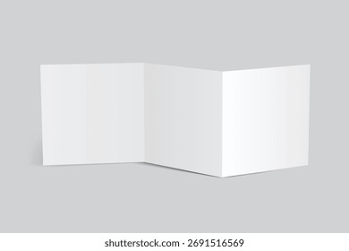 Blank square trifold open leaflet, three panel fold with shadows mockup template on background .Open booklet, thank you card, notecards, flyer, greeting card, wedding invitation, postcard. Vector
