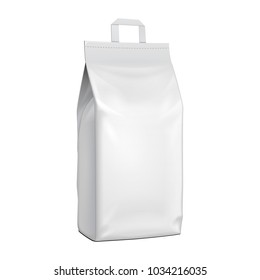 Blank Stand Up Pouch Snack Sachet Bag With Handle. Mock Up, Template. Illustration Isolated On White Background. Ready For Your Design. Product Packaging. Vector EPS10