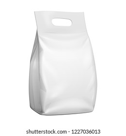 Blank Stand Up Pouch Snack Sachet Bag With Handle. Mock Up, Template. Illustration Isolated On White Background. Ready For Your Design. Product Packaging. Vector EPS10