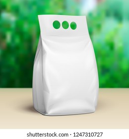Blank Stand Up Pouch Snack Sachet Bag. Mock Up, Template. IGreen Summer Garden Background. Ready For Your Design. Product Packaging. Vector Vector EPS10