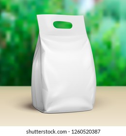 Blank Stand Up Pouch Snack Sachet Bag. Mock Up, Template. IGreen Summer Garden Background. Ready For Your Design. Product Packaging. Vector Vector EPS10