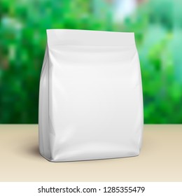 Blank Stand Up Pouch Snack Sachet Bag. Mock Up, Template. IGreen Summer Garden Background. Ready For Your Design. Product Packaging. Vector Vector EPS10