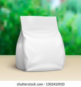 Blank Stand Up Pouch Snack Sachet Bag. Mock Up, Template. IGreen Summer Garden Background. Ready For Your Design. Product Packaging. Vector Vector EPS10