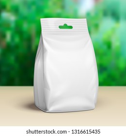 Blank Stand Up Pouch Snack Sachet Bag. Mock Up, Template. IGreen Summer Garden Background. Ready For Your Design. Product Packaging. Vector Vector EPS10