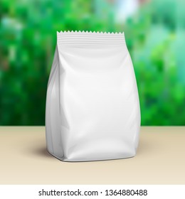 Blank Stand Up Pouch Snack Sachet Bag. Mock Up, Template. Green Summer Garden Background. Ready For Your Design. Product Packaging. Vector Vector EPS10