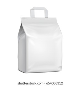 Blank Stand Up Pouch Snack Sachet Bag With Handles. Foil Or Paper Food Packaging. Illustration Isolated On White Background. Mock Up, Mockup Template Ready For Your Design. Vector EPS10