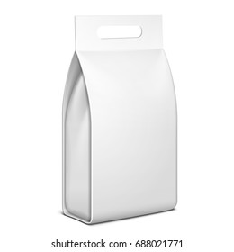 Blank Stand Up Pouch Snack Sachet Bag With Handle. Mock Up, Template. Illustration Isolated On White Background. Ready For Your Design. Product Packaging. Vector EPS10