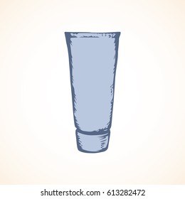 Blank stand sun uv spf tan oil creme jar pack isolated on white backdrop. Outline ink hand drawn picture sketch in art modern doodle style pen on paper. Close-up view with space for text on wrap label