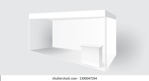 Blank Standard Trade Exhibition Creative Booth Stand Design For Presentation In Perspective Corporate Identity Vector Template With Table Monitor Backdrop And Counter Isolated On Background Mock Up