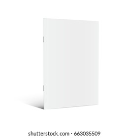 blank standing left tilt brochure 3d illustration, can be used as design element, isolated white background, side view