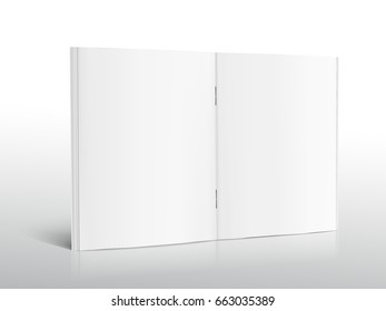 blank standing left tilt open brochure 3d illustration, can be used as design element, isolated shadowy white background, side view