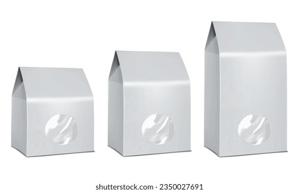 Blank stand-up paper gusseted bag with clear plastic window. Different sizes vector mockup set. White standup carton package realistic mock-up. Template for design