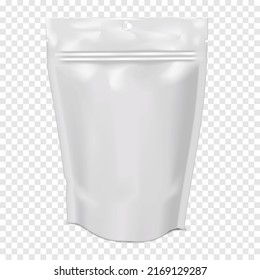 Blank stand-up pouch on transparent background vector mockup. White flexible plastic packaging bag with zip lock, tear notches and punch hole for hanging realistic mock-up. Template for design