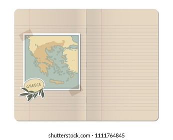 Blank stapled lines notebook with map of Greece and masking tape isolated on white background