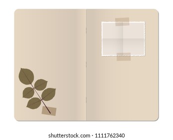 Blank stapled notebook with folded blank photo paper, rose leaves and masking tape isolated on white background