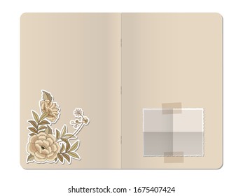 Leeres Heftbuch mit gefaltetem unbedrucktem Fotopapier und mit den Schnittblumen geschliffene Illustration im Retro-Stil