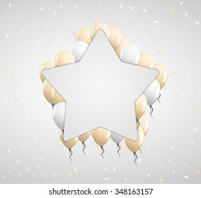 Blank Star Badge And Beige Balloons And Confetti