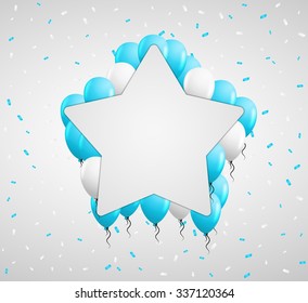 blank star badge and blue balloons and confetti