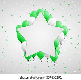 blank star badge and green balloons and confetti