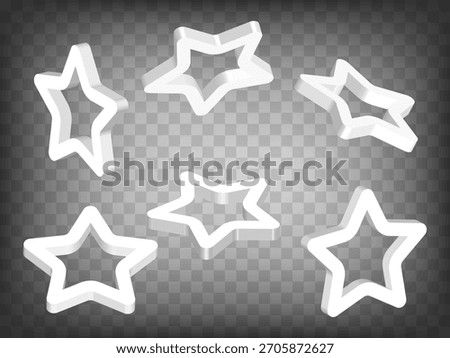 Blank star collection 3d symbols on transparent background. Star frame sign 3D icon illustration with different views and angles. Graphic elements for your design. EPS 10