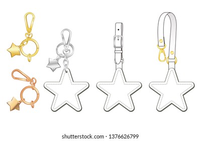 blank star key chains set, star bag charms/ star tags with detachable strap, vector illustration sketch template