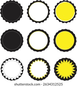 Blank Starburst Badge Templates – Round Sunburst Labels in Black, White and Yellow for Promotions and Branding