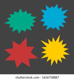 blank starburst speech bubbles set with different color isolated on black background. vector illustration