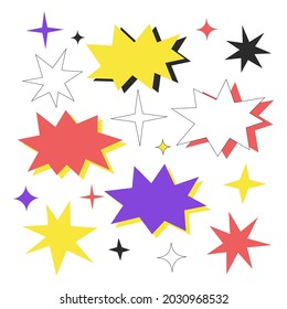 blank starburst speech bubbles set with different color isolated on white background. vector illustration. hot sale star shaped bubbles, 80s. 90s style. primitive old school computer graphic design