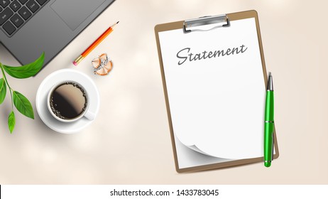 Blank Statement On Workplace With Supplies Vector. Statement On List Of Paper And Tablet, Laptop Near Branch, Cup Coffee, Pencil With Eraser And Sharpening Shavings. Copy Space Top View Illustration