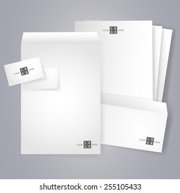 Blank stationery and corporate identity templates. Collection of various office papers. Blank, business card, letterhead A4, envelope isolated with soft shadows. Copy space. Vector is EPS10.