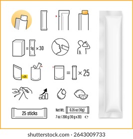 Bolsa de pacote de vara em branco mockup para colágeno gelatinoso com ícones definidos. Vista frontal. Ilustração vetorial isolada sobre fundo branco. Pode ser usado para modelar seu design, apresentação, promoção, anúncio. EPS10