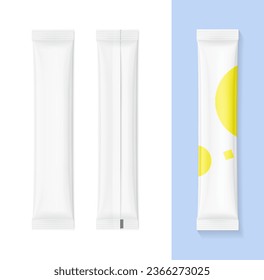 Blank stick package bag mockups. Front and rear view. Vector illustration isolated on white background. Can be use for template your design, presentation, promo, ad. EPS10.