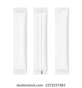 Blank stick package bag mockups. Torn and regular suite. Front and rear view. Vector illustration isolated on white background. Can be use for food, cosmetic, pharmacy and etc. EPS10.