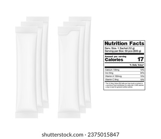 Blank stick package bag mockups with nutrition facts. Torn and regular suite. Front  view. Vector illustration isolated on white background. Can be use for food, cosmetic, pharmacy and etc. EPS10.