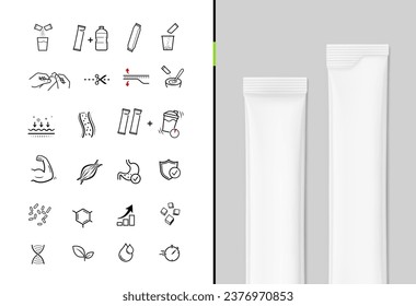 Blank stick package bag mockups and set icons of samples, preparation instructions. Vector illustration isolated on white and grey background. Can be use for food, cosmetic, pharmacy and etc. EPS10.