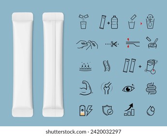 Blank stick package bag mockups with set icons. Flat lay view. Vector illustration on blue background. Can be use for food, cosmetic, pharmacy and etc. EPS10.