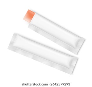 Blank stick package bag mockups for jelly collagen. Front view. Vector illustration isolated on white background. Can be use for template your design, presentation, promo, ad. EPS10.