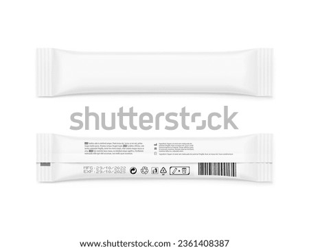 Blank stick package bag mockups. Front and back view. Vector illustration isolated on white background. Can be use for food, medicine, cosmetic and etc. EPS10.	