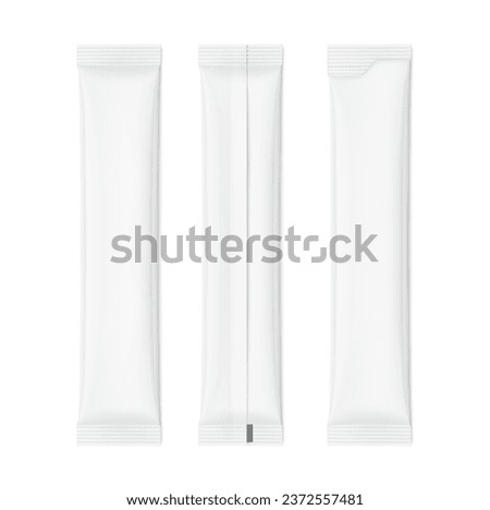 Blank stick package bag mockups. Torn and regular suite. Front and rear view. Vector illustration isolated on white background. Can be use for food, cosmetic, pharmacy and etc. EPS10.