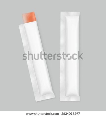 Blank stick package bag mockups for jelly collagen. Front view. Vector illustration isolated on grey background. Can be use for template your design, presentation, promo, ad. EPS10.