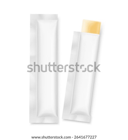 Blank stick package bag mockups for jelly collagen. Front view. Vector illustration isolated on white background. Can be use for template your design, presentation, promo, ad. EPS10.