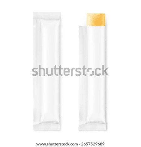Blank stick package bag mockups for jelly collagen. Front view. Vector illustration isolated on white background. Can be use for template your design, presentation, promo, ad. EPS10.