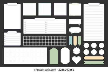Blank sticker card planner scrapbooking flat set. Label tag vintage minimalist unfilled task window reminder task speech bubble heart receipt sheet dot grid list personal memo blank organize isolated