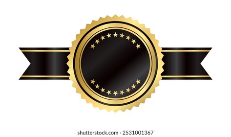 Etiqueta engomada en blanco con la cinta, la insignia del oro y la cinta Horizontal negra con el Vector aislado de la decoración de las estrellas Producto de texto de la calidad de Premium, para la etiqueta de la cubierta del libro o su producto