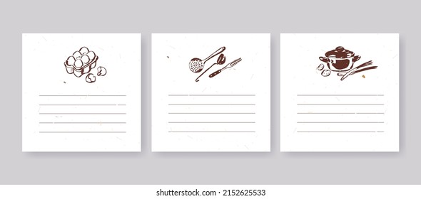 Blank sticker pages for making notes about meal preparation and cooking ingredients. Recipe sheets decorated with kitchen utensils and vegetable drawings