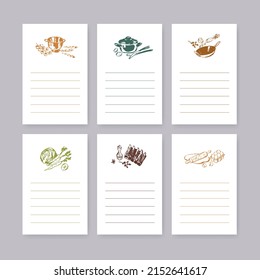 Páginas de stickers en blanco para hacer notas sobre la preparación de comidas y los ingredientes de cocina. Hojas de recetas decoradas con utensilios de cocina y dibujos de vegetales