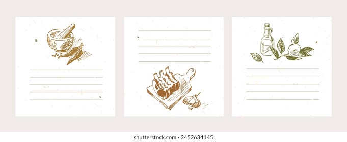 Blank sticker pages for making notes about meal preparation and cooking ingredients. Recipe sheets decorated with food drawings