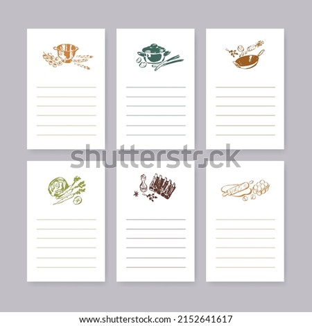Blank sticker pages for making notes about meal preparation and cooking ingredients. Recipe sheets decorated with kitchen utensils and vegetable drawings