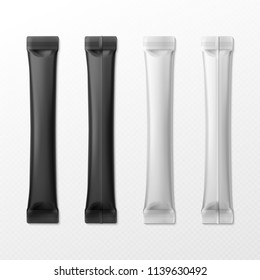 Blank sticks. Sugar pack, flow salt or coffee stick packing. Cappuccino foil black and white sachet container. Food products packings in glossy paper bag realistic isolated vector icon set