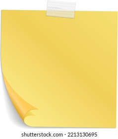 Blank sticky note with curled corner and adhesive tape scrap